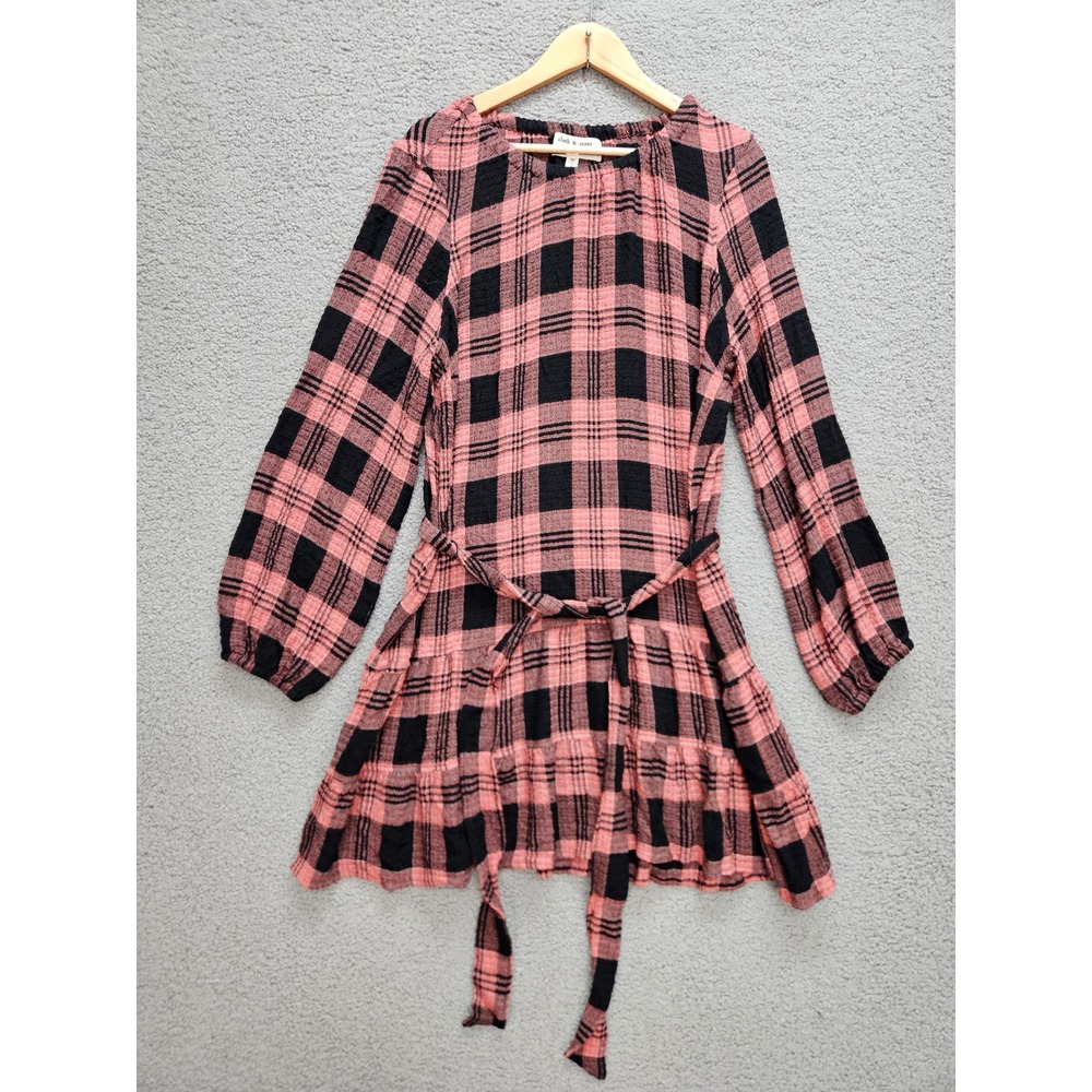 Cloth & Stone Tunic Dress XL Pink Black Plaid Tie Waist Tiered Boho Mini